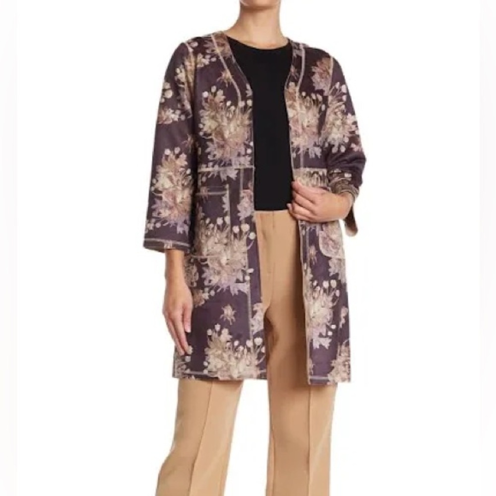 Chelsea & Theodore Faux Suede Brown Floral Jacket Womens Size M -Brown Tan Ivory